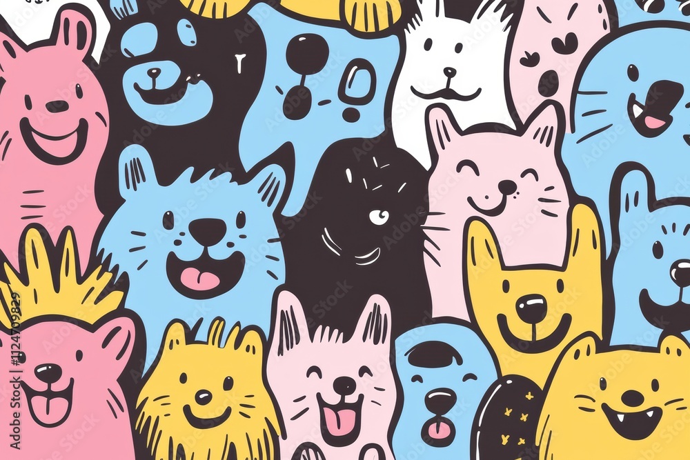 Aufkleber this doodle showcases a variety of happy dog faces, bursting with playfulness and curiosity, perfect