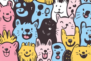 Obraz premium This doodle showcases a variety of happy dog faces, bursting with playfulness and curiosity, perfect for adding color to any design. Generative AI