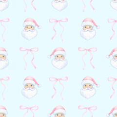 Santa Claus, bow. Watercolor seamless pattern in pastel colors. Cute cartoon illustration for textile and paper for Christmas