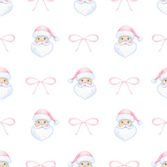 Santa Claus, bow. Watercolor seamless pattern in pastel colors. Cute cartoon illustration for textile and paper for Christmas