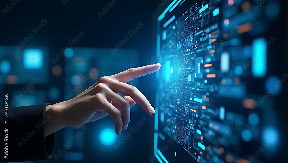 Poster turistic digital interface blends hand touch with holographic visuals in a virtual computer screen, 