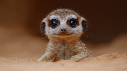 Fototapeta premium A curious Stokstaartje meerkat peers out from its burrow in Namibia's expansive desert, surrounded by soft sand and the glow of the setting sun, embodying the charm of wildlife
