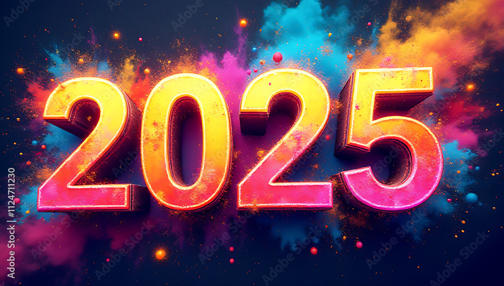Poster the vibrant background of 2025 typography features a color explosion and dynamic graphic design with