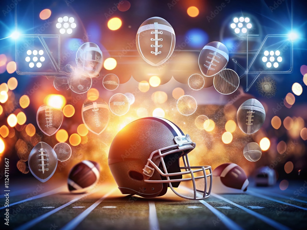 Poster american football sports design elements featuring bokeh effect with glyphs and stroke line icons fo