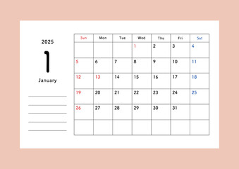 2025年カレンダー　1月