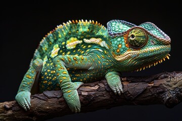 chameleon on a branch against an isolated black background