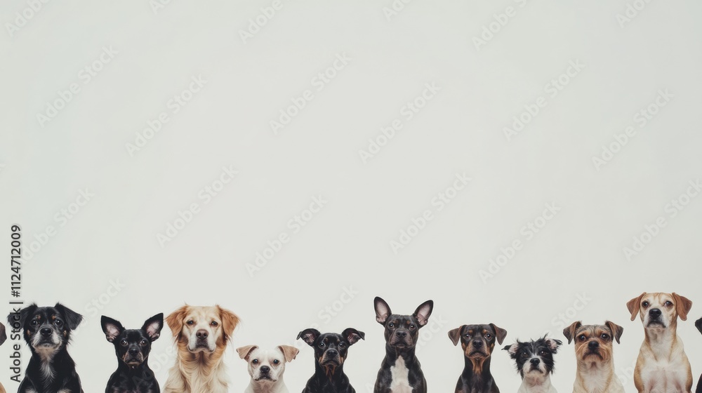 Poster various dogs of multiple breeds and sizes are sitting closely together, displaying a range of colors