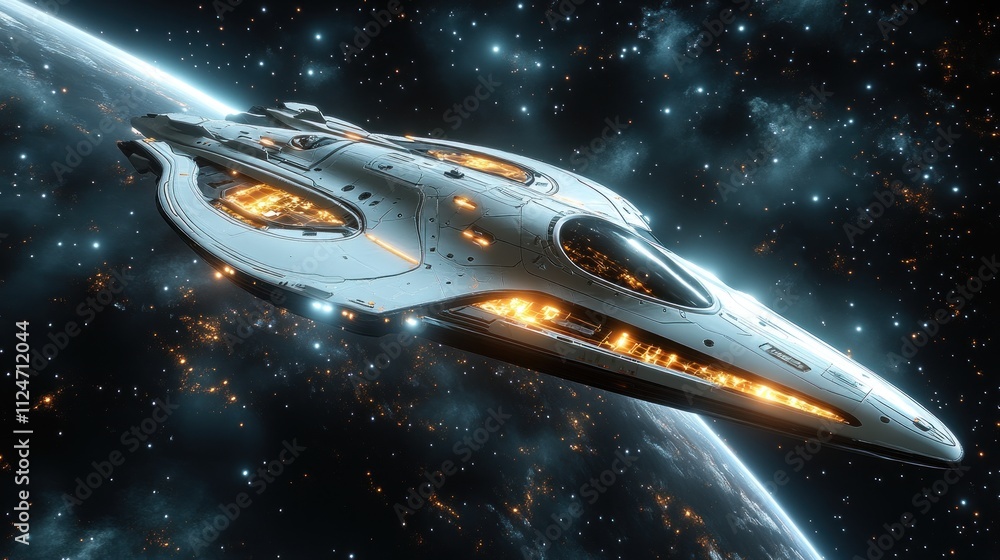Poster a futuristic spaceship navigating through a starry space backdrop.