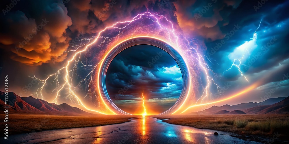Poster a mesmerizing circular portal pulsates with vibrant energy as dramatic lightning strikes illuminate 