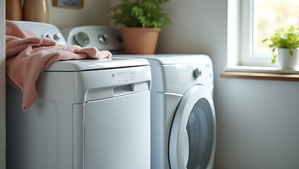 The laundry room contains a top load washing machine used for cleaning clothes and fabrics with detergent and water._00001_