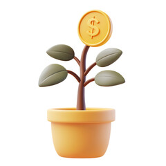 Cartoon Style of a Yellow Coin on a Plant,Representing the Money Tree Concept