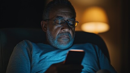 Obraz premium Close-up view of a man using a phone in low light while sitting relaxed at home