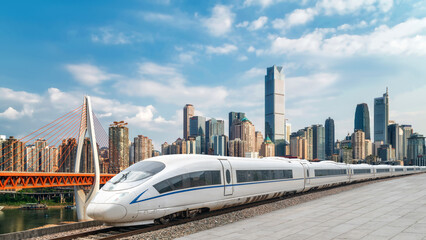 Modern High-Speed Train Against a Stunning City Skyline