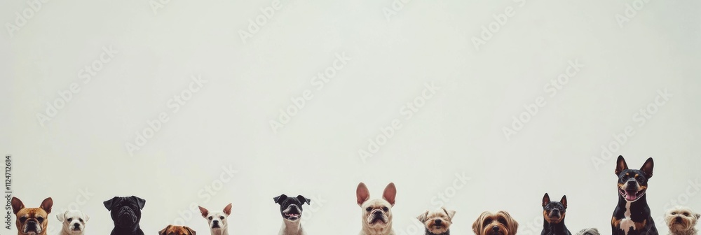 Poster a cheerful gathering of dogs of different breeds and sizes sits together in a harmonious display of 