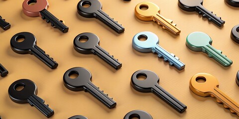 A Minimalist Collection of Flat Black Keys on a Neutral Background, Ideal for Creative Projects and Designs Needing Simple, Elegant Key Elements with Ample Copy Space