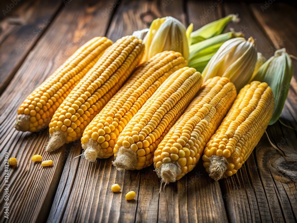 Poster a minimalist display of fresh yellow corn on a wooden table with unique colors and textures in a sim