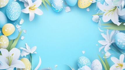 Easter Egg Festivity, Abstract Art with Decorated Eggs and Blooming Flowers on a Blue Background