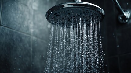 Realistic daylight image of water streaming from a showerhead, close-up perspective
