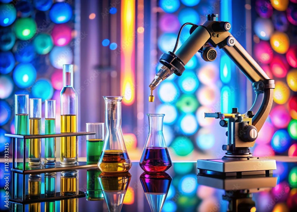 Poster a modern laboratory with a robotic arm handling samples surrounded by colorful equipment in a bokeh 