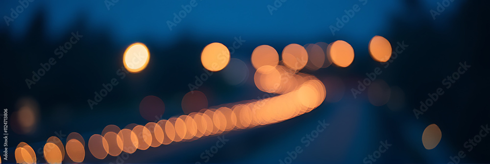 Poster softly glowing christmas lights on a dark blue night create an abstract defocused bokeh in the backg