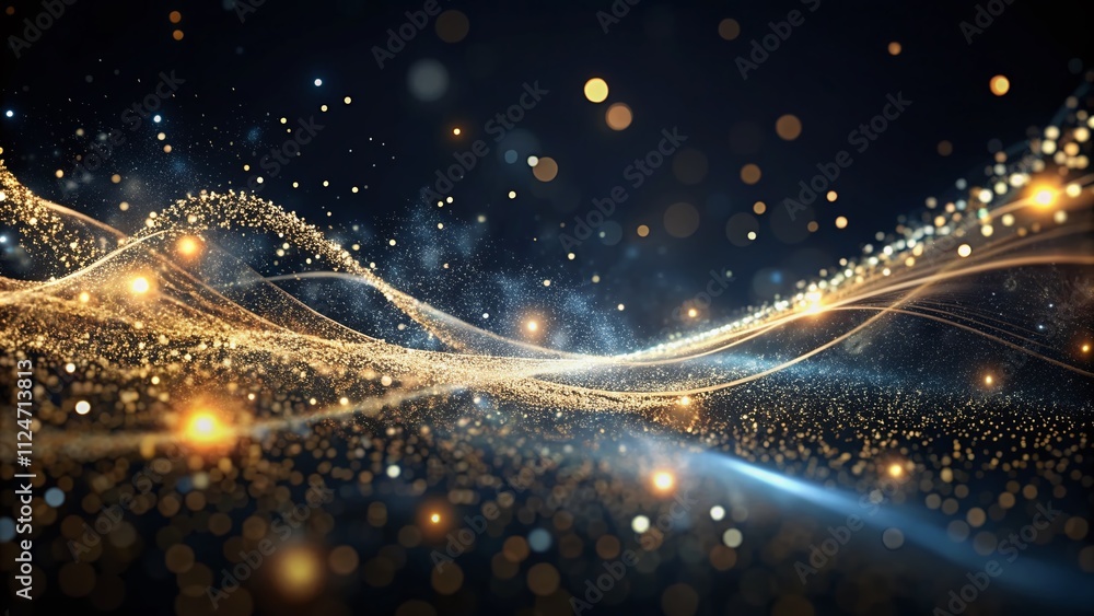 Poster a musical wave of glowing particles in an abstract futuristic setting, capturing the essence of moti