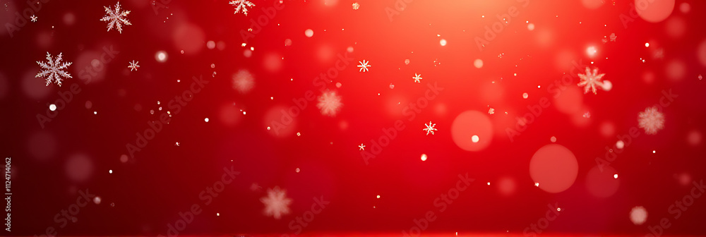 Poster snowflakes fall gently across a vibrant red bokeh background with delicate white patterns._00001_
