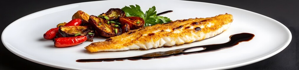 A beautifully plated fish dish with roasted vegetables and a sauce drizzle.