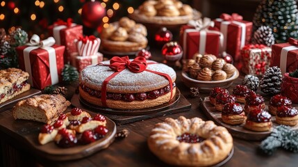 Naklejka premium Festive dessert spread with cakes, cookies, and holiday decorations.