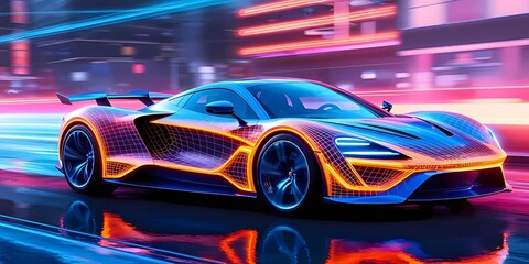 Obraz premium A futuristic sports car glowing with vibrant neon colors against a backdrop of a blurred, neon-lit city.