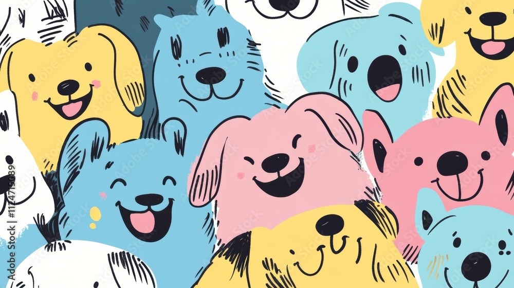 Aufkleber a colorful doodle features various dog faces, each expressing joy and curiosity, creating a lively a