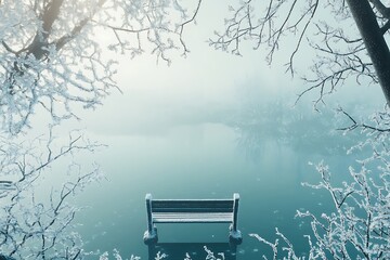 Obraz premium Bench in winter wonderland, a snowy scene with trees and a lake
