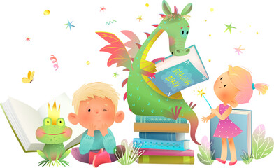 Magic dragon reading fairytale book, little girl and boy listen to a fairytale story. Dragon reading story book, prince frog and children. Vector characters illustration for kids story or library.