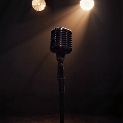 Vintage microphone under spotlight on stage