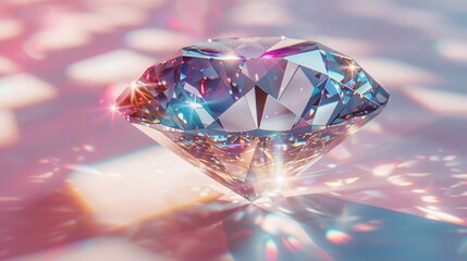 A diamond, Sparkling light round brilliant cut diamond with shadow and glowing lens flares isolated on white background.