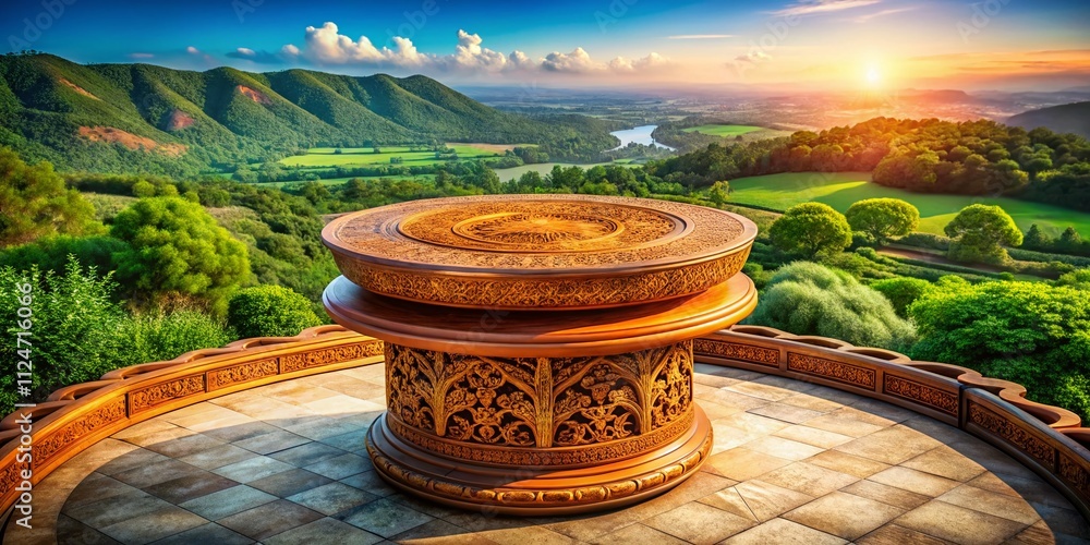 Poster ancient-themed pedestal for displaying blank products in a drone photography perspective with unique