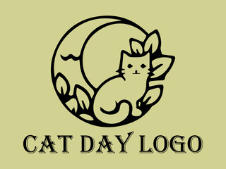 Black cat with Cat Day lettering, sitting among  on a black background. Suitable for Cat Day designs and petthemed content