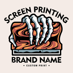 A vector illustration of a skeleton hand performing the screen printing process