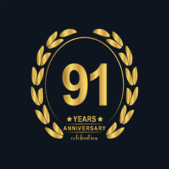 91th Years Anniversary celebration. Vector Template festive illustration Golden Color,. Birthday or wedding party event decoration.