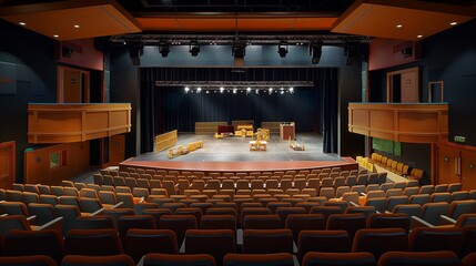 A spacious auditorium with a stage set up for a school play, complete with props and lighting.