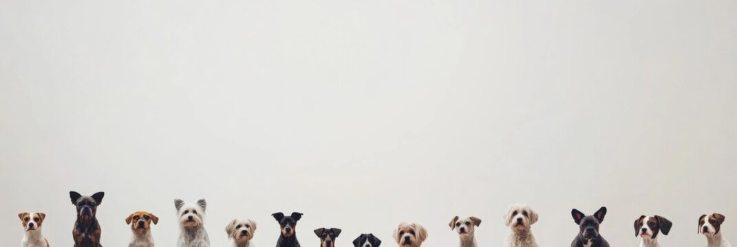 A variety of dogs of different breeds and sizes sit closely together, providing an inviting atmosphere perfect for captions or messages about pets. Generative AI