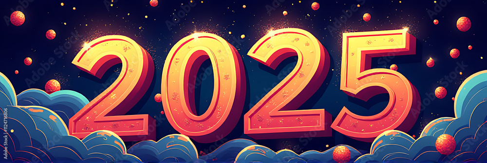 Poster new year 2025 celebration concept with vibrant vector illustrations featuring a dynamic design and b