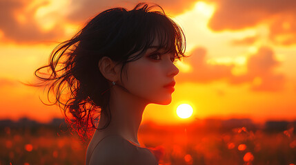 Silhouette of a Woman at Sunset, Golden Hour Beauty, Windswept Hair, Dreamy Atmosphere,  Vibrant Colors, Peaceful Scene