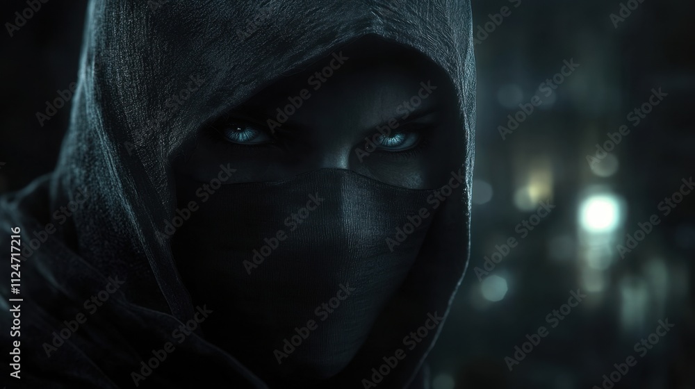 Poster mysterious figure in dark hood with intense eyes and intriguing background
