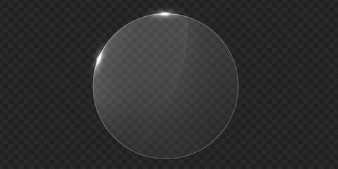 Vector glass frame. Isolated on transparent background. Glass banner realistic. Round acrylic banner. Round glass	