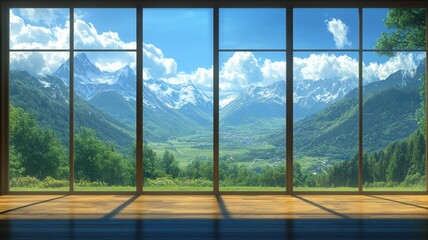 Fototapeta premium Nature view from large office windows mountain landscape scenic content bright environment inspiration for well-being