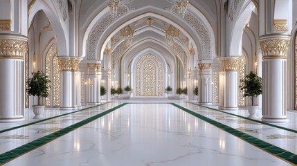 Fototapeta premium Art deco bank entrance hall features a white marble floor, green accents, and grand symmetrical columns for a stunning atmosphere