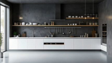 Modern Minimalist Kitchen Design with White Cabinets, Gray Accents, Wooden Touches, Open Shelving, and Natural Light for a Spacious, Functional Family Space