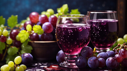 Two glasses of purple grape juice, bunches of red and green grapes around them.

