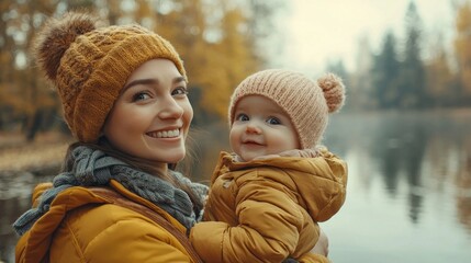 A young mother beams with happiness as she cradles her cheerful baby in a cozy lakeside setting. Surrounded by colorful autumn leaves, the bond of love shines bright under the golden sun