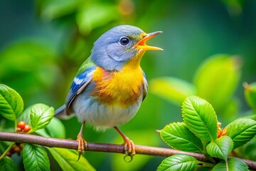 Obraz premium A Northern Parula Warbler Chick Calls for Food in Sarasota, Florida, Captured with Tilt-Shift Photography for a Unique Perspective on Nature's Beauty and Wildlife Moments